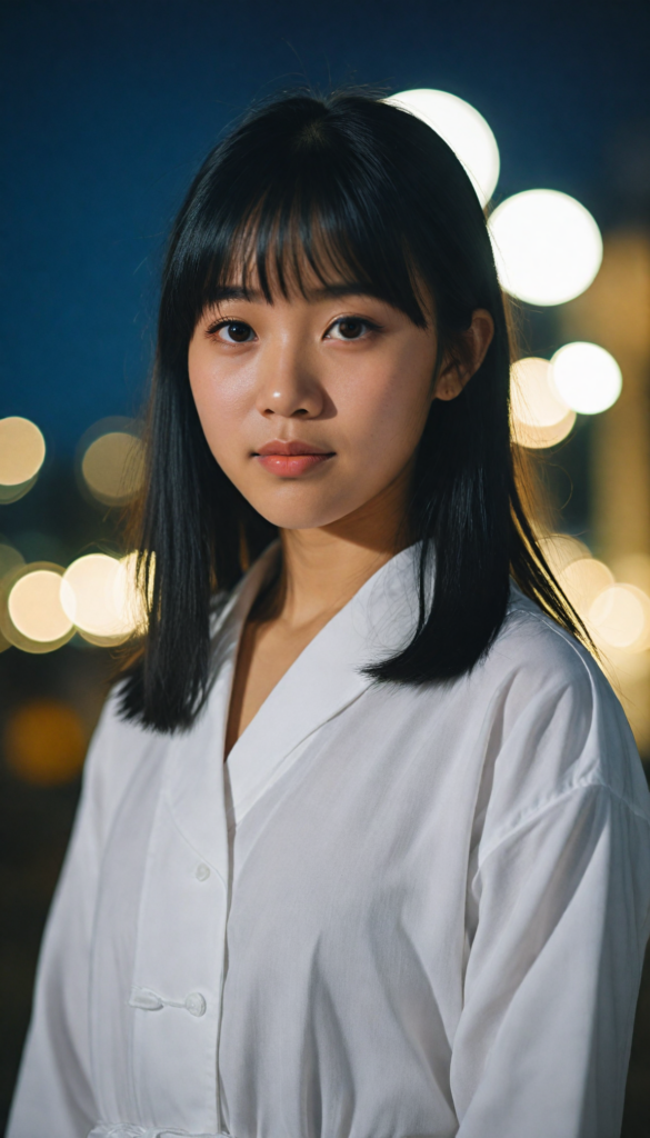 ortrait of a cute Asian girl, black straight hair, bangs cut, white night suit