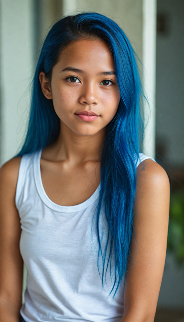 super realistic, detailed portrait, a beautiful young Filipino girl with long blue hair looks sweetly into the camera. She wears a white tank top.