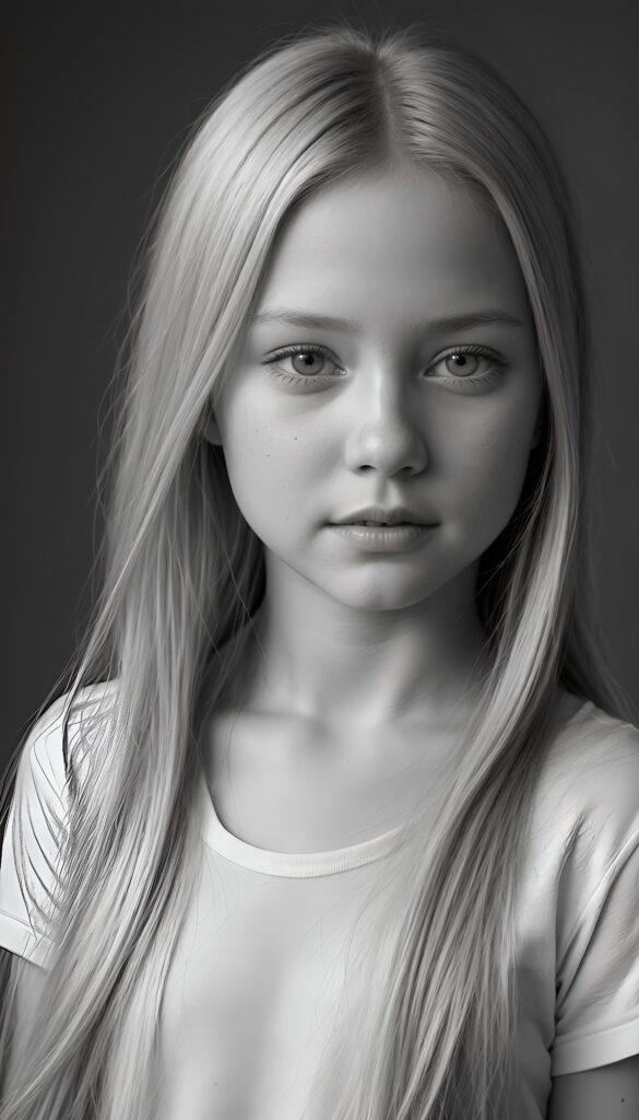 ((portrait)), detailed pencil drawing, silvery-skinned (((young girl))), long straight platinum hair, white shirt