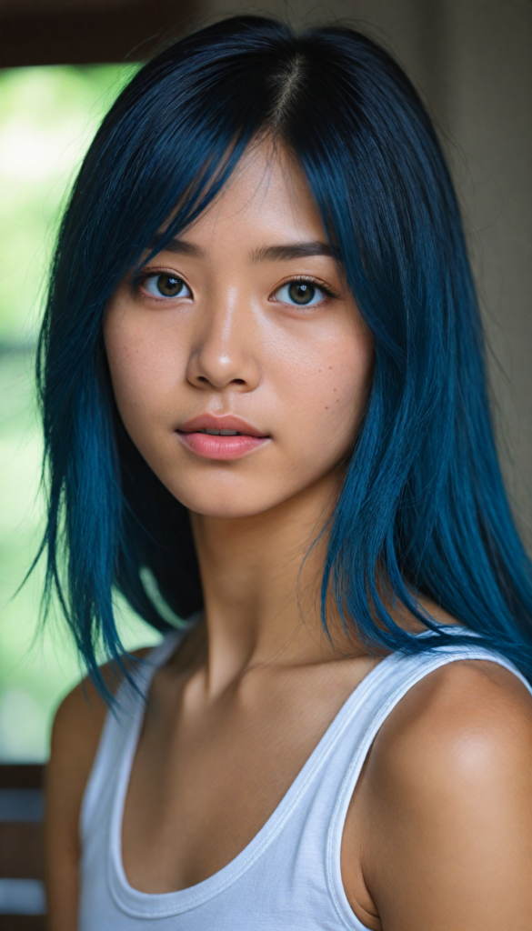 super realistic, detailed portrait, a beautiful young Asian girl with long blue soft straight detailed hair looks sweetly into the camera, realistic beautiful round eyes, she wears a white tank top, side view