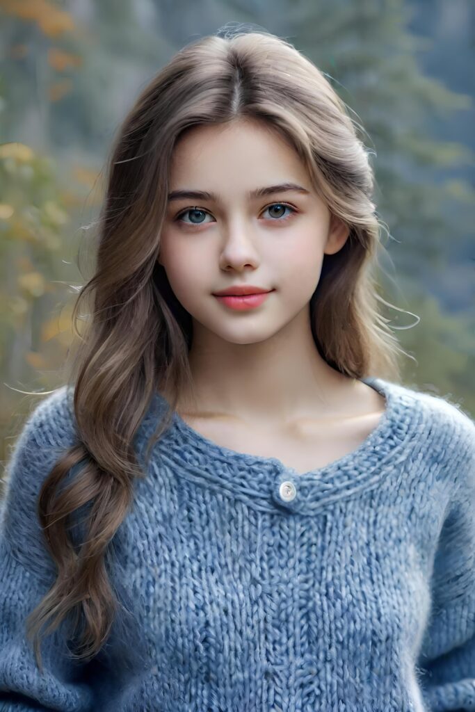 super realistic, detailed, ((gorgeous)) ((stunning)) cute young breasted girl, full portrait, 18 years old, wathercolor style, thin wool sweater