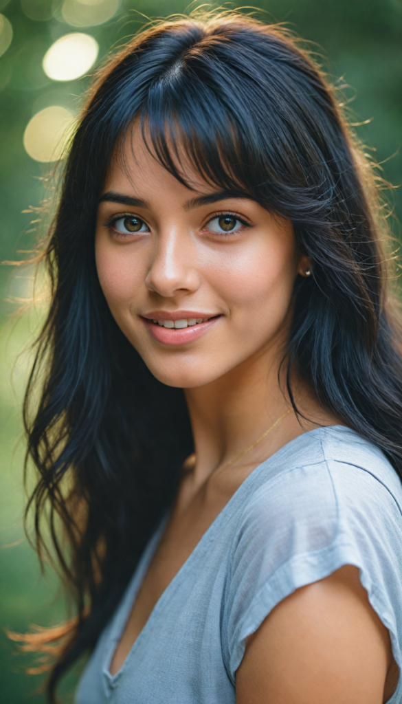 close-up portrait of an enchanting, sun-kissed girl with plush, tanned skin and incredibly long, sleek jet black hair cascading like a waterfall around her shoulders. Her whimsical bangs frame her face perfectly, accentuating her full, luscious lips that curve into a captivating, yet playful smile. She gazes directly into the camera with an alluringly seductive look, her bright eyes sparkling with mischief. Dressed in a flowing tank top with a deep v-neck that celebrates her perfect, curvaceous form, she radiates confidence and warmth. The soft, golden hour light bathes her features, creating a dreamy, ethereal glow that elevates the image's vibrant, cheerful ambiance. The background is a blurred blend of soft pastels, enhancing her presence and adding a touch of magical realism.