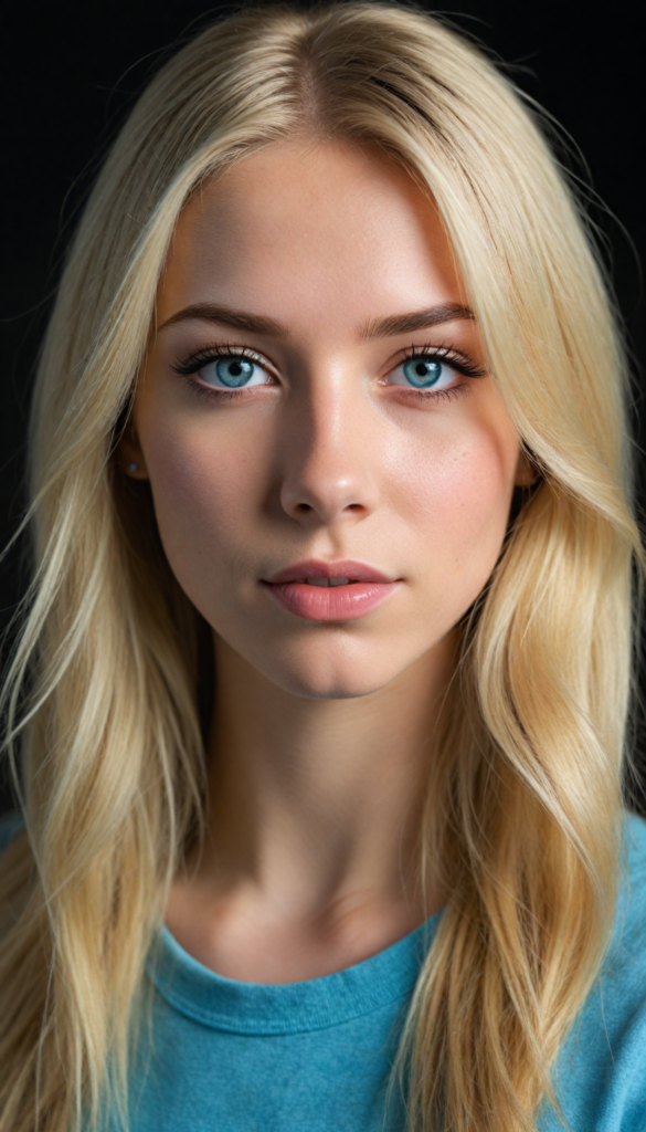 create a 3D image: of a gorgeous, stunning teen girl, straight blond detailed hair, she looks seductively, (light blue eyes), black eyeliner, tight dressed, (full lips) perfect shadows and lights, (black background) (full body)