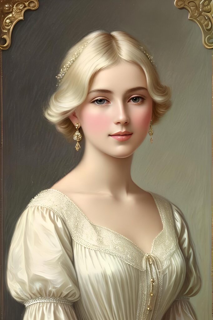 a beautifully drawn (((blonde woman))) in the style of late 19th century, with delicate details and a soft color palette that evokes an atmosphere of timeless elegance