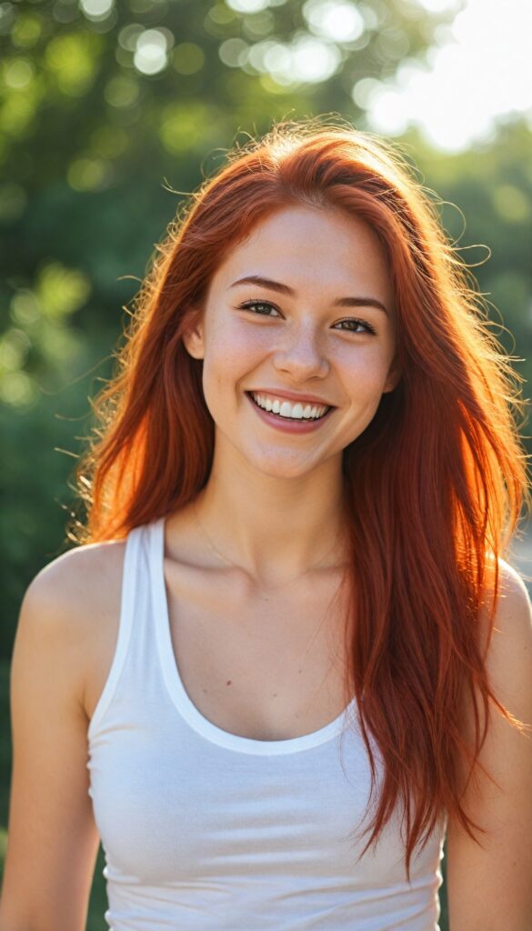 a (realistic and detailed photo), capturing a (cute, attractive, gorgeous, stunning teen girl) with a super short, tight, deep v-neck, plain cropped tank top, (curved body), (long straight jet soft red hair), warm smile, sunny backdrop, she smile very happy, white teeth