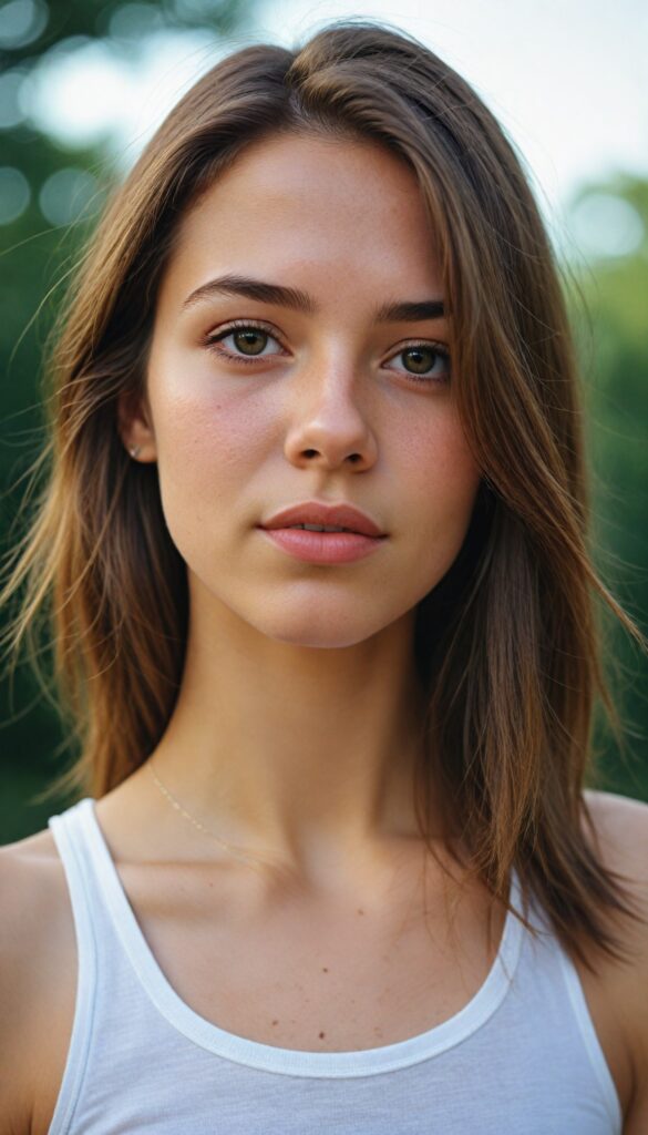 a very detailed and realistic portrait of a (cute teen girl), (long yet straight cooper-brown hair)), (realistic detailed (brown eyes), (full kissable lips), (realistic detailed, light amber eyes), (face illuminated), wearing a very low cut ((white tank top made on fine wool)), perfect curved fit body