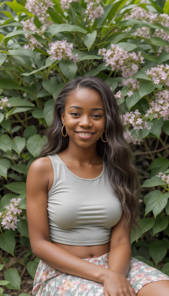 a captivating portrait of a joyful young woman with deep, rich melanin skin radiating warmth. She sports long, flowing straight blonde hair that gleams like silk in the sunlight, contrasting beautifully with her vibrant features. Dressed in a chic grey crop top, she sits against a backdrop of an ethereal garden filled with vivid flowers and whimsical plants, their colors popping against her attire. Delicate butterflies flutter around her, adding a sense of magic, while a soft bokeh effect blurs the background, drawing focus to her radiant smile and sparkling eyes. The art style combines elements of hyperrealism and impressionism, reminiscent of Claude Monet's vibrant colors blended with the striking detail of Kehinde Wiley