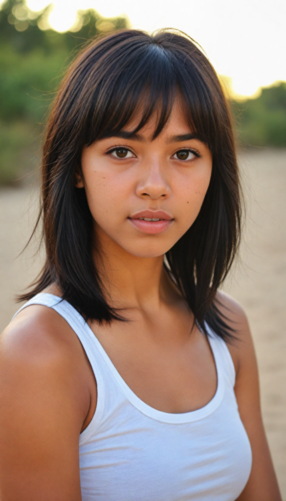 a beautifully close-up portrait (brown-skinned young well busty teen girl) with softly (straight black hair) framing her face in side bangs, full lips, (full body), she wears a white tank top, perfect curved body, in a dessert