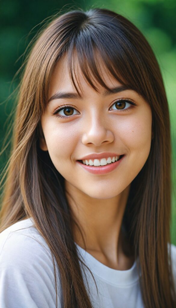 a detailed and realistic photo from a (cute) Asia teen girl (long, straight light brown hair, bangs), (stunning), beautifully realistic, cinematic lights, realistic detailed angelic round face, (realistic detailed amber eye) looks happy at the camera, perfect curved body, (wears a super short tight (white t-shirt)), perfect anatomy, side perspective, against a sunny green backdrop