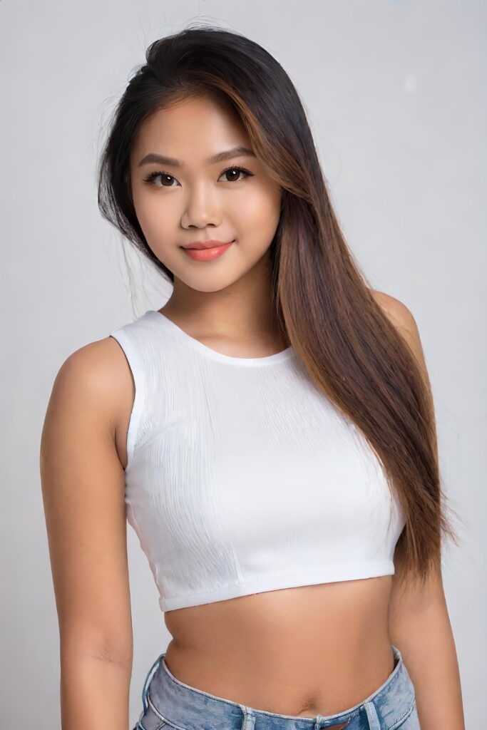 super realistic, detailed portrait, a beautiful young busted girl with long hair, looks sweetly into the camera. She wears a white crop top, perfect curved body