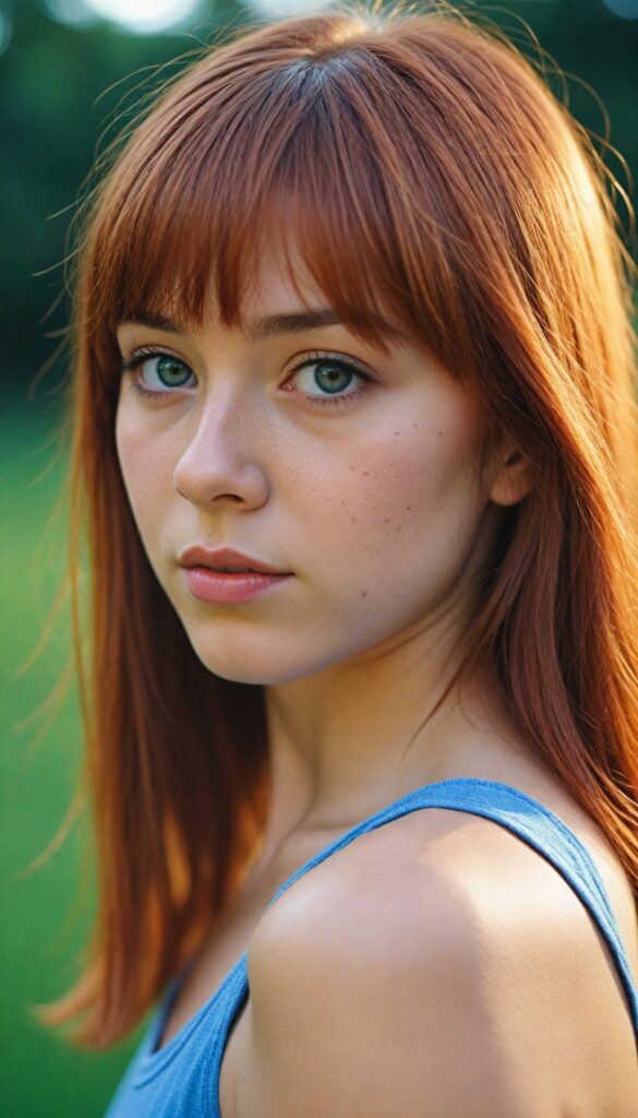 an upper body portrait from, a (teen girl with bangs cut), (vividly drawn long, straight soft red hair) that reflects the light, is depicted with exquisite detail, her face softly angelic yet realistically defined, big round eyes, wearing a (super short, sleek blue tank top) against a sunny backdrop, (side view)