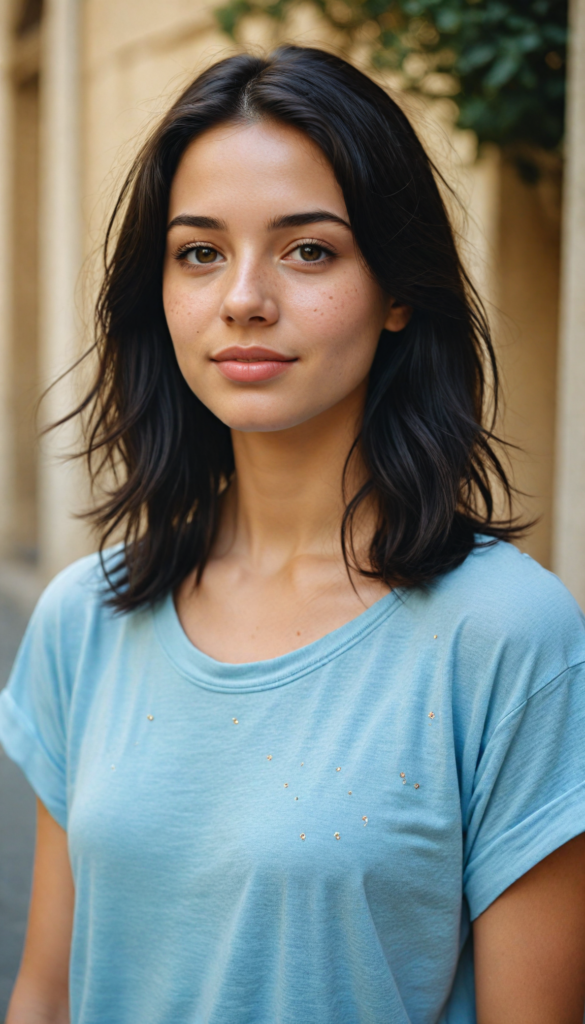 a stunningly detailed and lifelike portrait of a whimsical teen girl with flowing, straight obsidian black hair cascading over her shoulders, expressive brown eyes that sparkle with curiosity, and soft, full lips that seem to hold a playful secret. Her face is illuminated by soft, golden sunlight, highlighting the delicate freckles dancing across her cheeks. She has an enchanting aura, radiating warmth and positivity, dressed in a cozy, oversized light blue t-shirt that drapes effortlessly over her perfect, graceful figure. A subtle smile graces her lips, inviting a sense of joy and wonder as she stands against a dreamy, softly blurred pastel background, reminiscent of an impressionist painting.