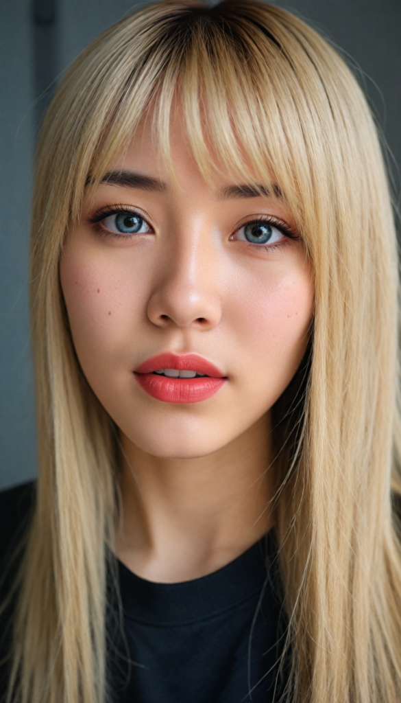 create a detailed and masterpiece of (side view) portrait: a Japanese girl, long blond soft straight hair, bangs, she looks astonished and her mouth is slightly open, (her eyes are light blue) (full red lips) (round face) perfect shadows and light, she wears a black soft t-shirt