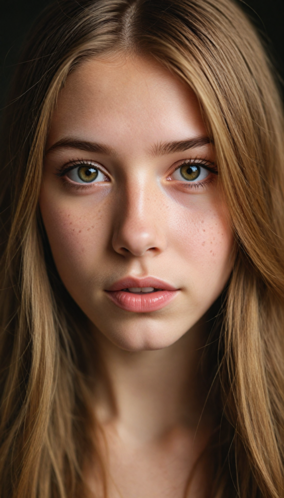 a very detailed and realistic portrait of a (cute teen girl), (long yet straight light brown hair), (realistic detailed brown eyes), (full kissable lips), (realistic detailed, light amber eyes), (face illuminated), perfect curved fit body