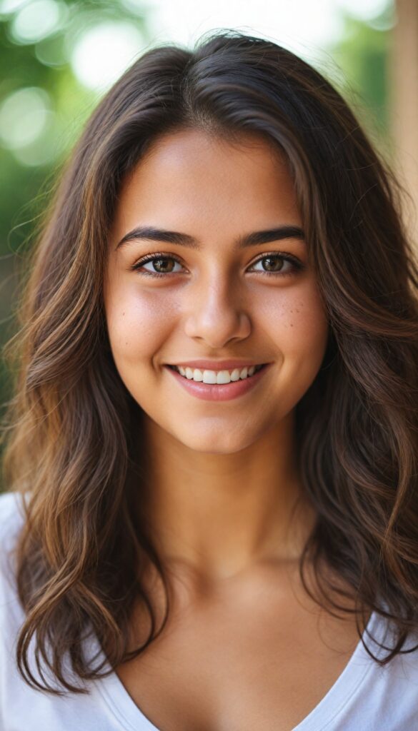 a young cute and busty teen girl from middle east, (stunning) (gorgeous) (detailed close-up portrait), plain soft hair, white t-shirt, detailed beautiful eyes, deep v-neck, smile, sunny backdrop