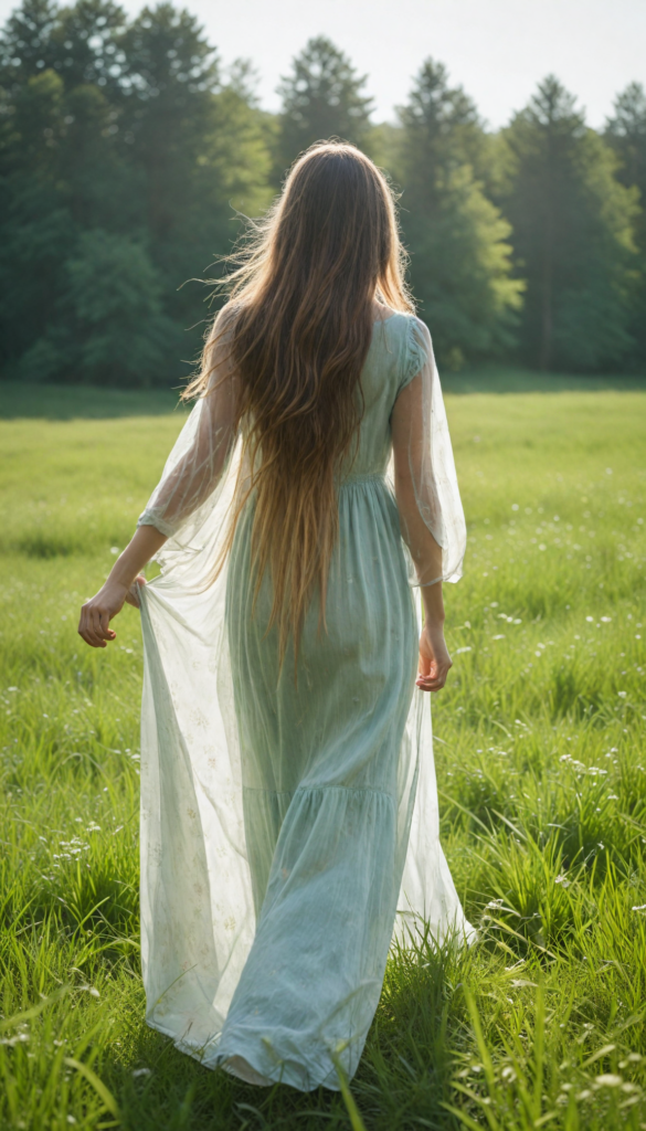 a young girl with soft long straight hair cascading down her back, stands in front of viewer in a green sunny meadow. The scene is infused with an ethereal glow, reminiscent of a dreamy impressionist painting. The girl wears a flowing white transparent dress, back view