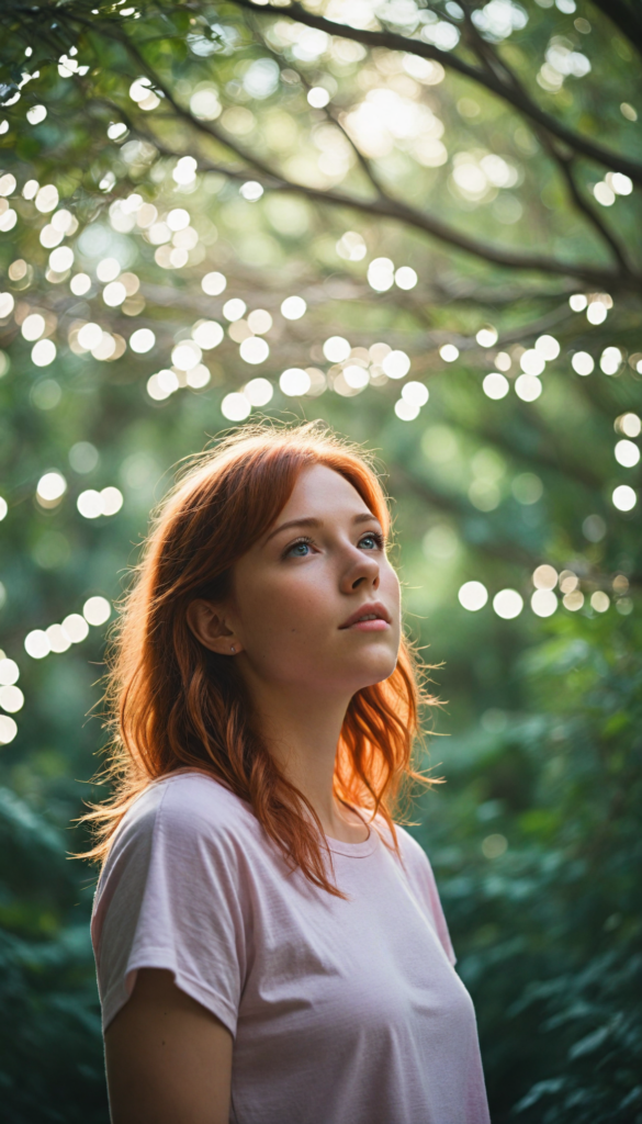 (upper body portrait) a whimsical scene featuring an innocent red-haired teen girl with straight, flowing hair, wearing a soft, ethereal light pink t-shirt that gently billows in the breeze. She stands in a sun-dappled forest glade, surrounded by softly glowing fairy lights, her bright eyes sparkling with curiosity and wonder, as beams of sunlight filter through the lush green canopy overhead, creating a magical, dreamlike atmosphere.