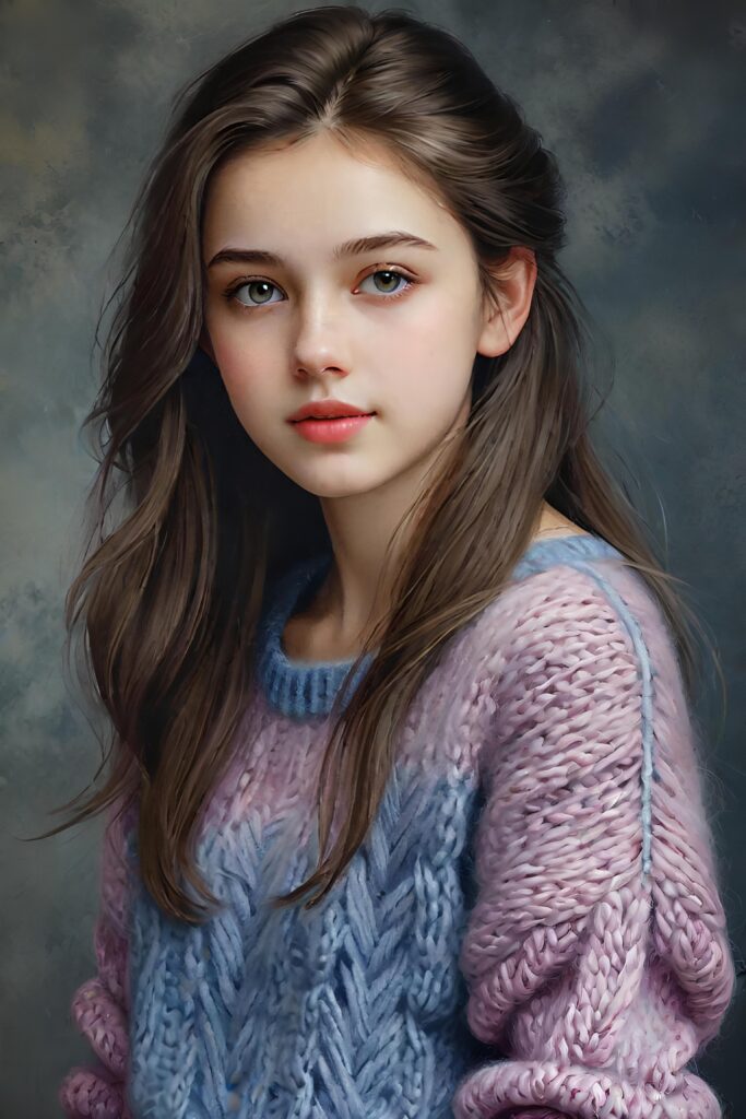 super realistic, detailed, ((gorgeous)) ((stunning)) cute young breasted girl, full portrait, 18 years old, wathercolor style, thin wool sweater