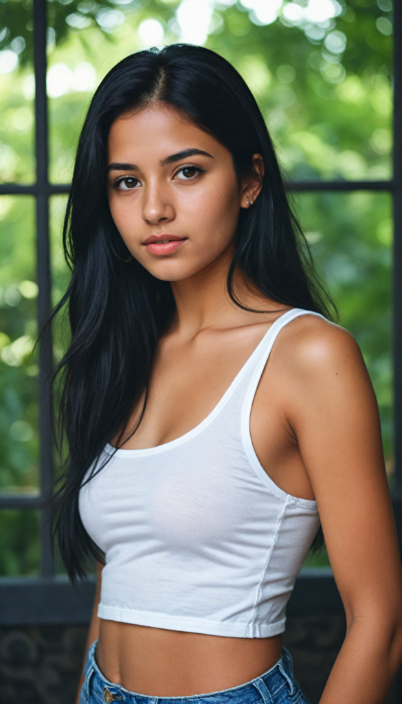 a (stunningly gorgeous) (detailed and realistic portrait) featuring a cute Arab teen girl who wears a (white short cropped tank top), long straight obsidian black hair, she has a perfect curved body