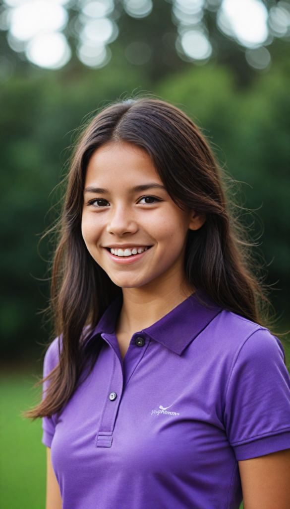 a smiling young girl in short-sleeved dark purple short polo shirt, her high collar is fully buttoned up and the collar is firm around her neck, wearing jeans, straight long jet hair dyed purple