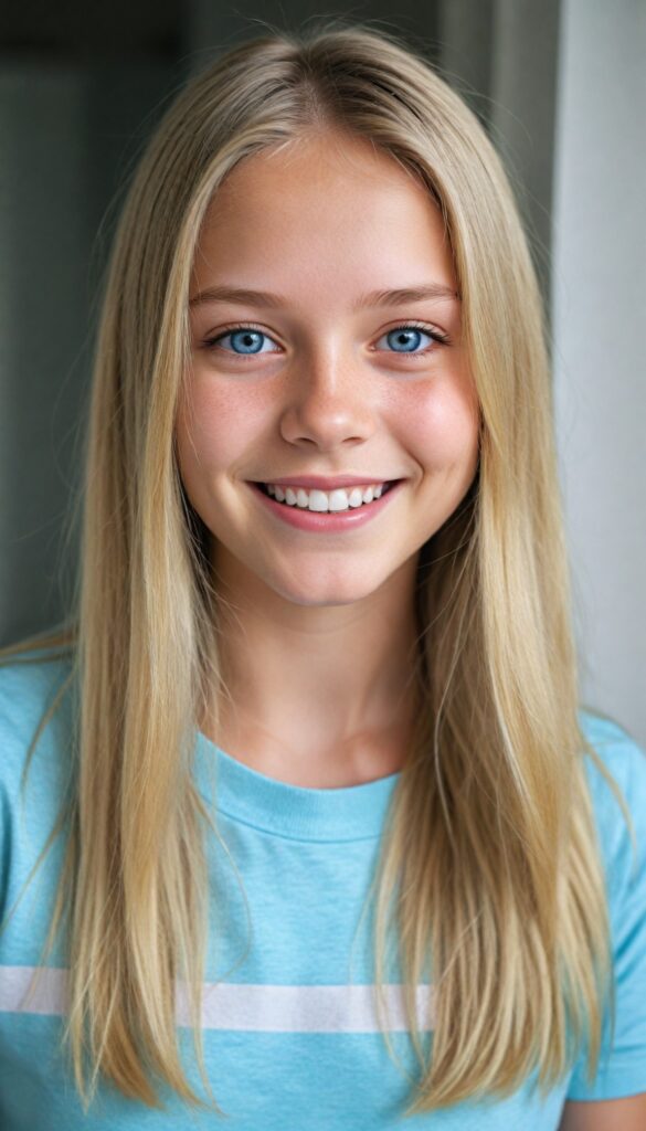 a portrait of a young girl with silky smooth, straight long blonde hair. Her hair falls over her shoulders and covers her upper body. She has sparkling, light blue eyes and a charming smile, (she wears a tight, form-fitting short pink empty T-shirt)