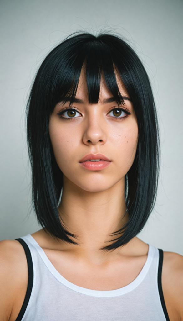 a innocent (young Emo teen girl), straight black hair, (round face), bob bangs cut, black eyeliner, looks seductive, black cropped tank top, (white background), front view