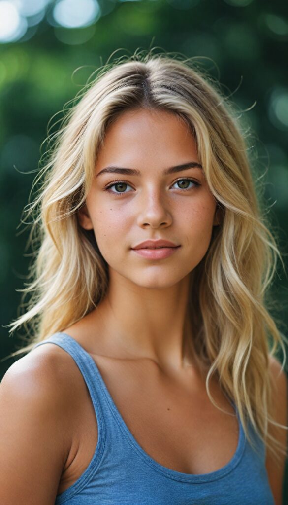 visualize a (tanned tomboy petite Exotic teen girl) with long, (realistically detailed summer blond hair), posed in a (cinematic light setup) for a portrait shot, her face radiant with joy, featuring a (flawlessly detailed round face), a (short form-fitting cropped plain tank top), which beautifully showcases her perfect physique, with (realistic details), such as a (curvy yet toned silhouette), beach in backdrop