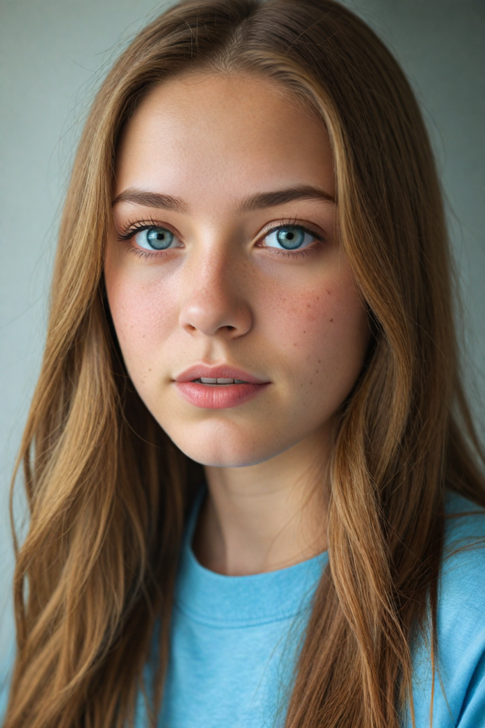 a very detailed and realistic portrait of a (cute teen girl), (long yet straight light brown hair), (realistic detailed brown eyes), (full kissable lips), (realistic detailed, light amber eyes), (face illuminated), perfect curved fit body, she wears a light blue t-shirt