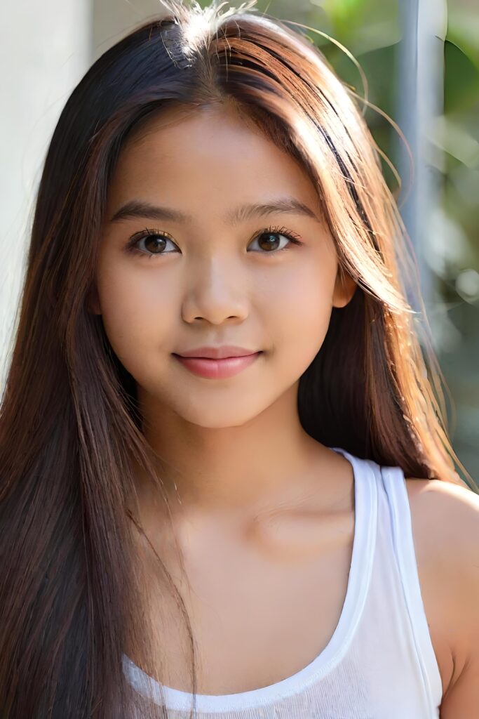 super realistic, detailed portrait, a beautiful young girl with long blue hair looks sweetly into the camera. She wears a white tank top.