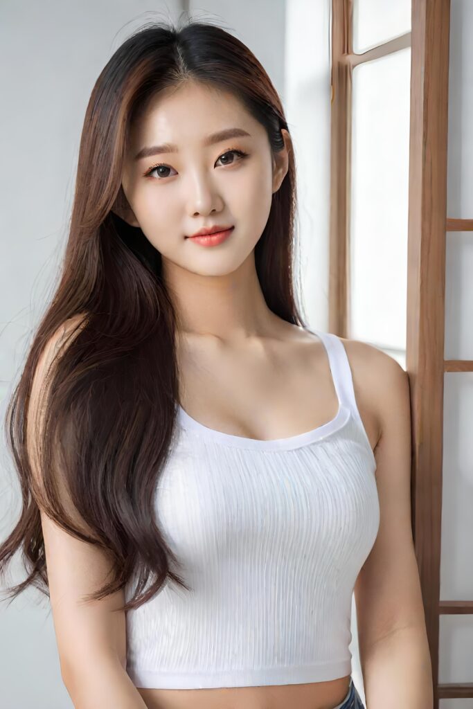 super realistic, detailed portrait, a beautiful young busted girl with long hair, looks sweetly into the camera. She wears a white crop top, perfect curved body