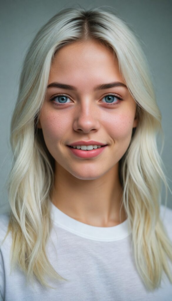 a breathtakingly detailed and hyper realistic (professional photograph), portraying an intensely sorrowful expression on the face of a young teen girl with straight, silky jet white soft hair cascading down her shoulders, round face, full lips, smile, white teeth despite its perfect length and texture suggesting advanced age, paired with a minimalist (white short sleeve t-shirt)