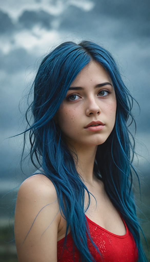 an illustrated teen emo girl with luxuriously long, flowing blue hair cascading like silk, set against a strikingly detailed backdrop of swirling gray clouds and ethereal shadows. Tears glisten on her cheeks, capturing the light like droplets of rain, as her amber eyes, deep and expressive, reveal a haunting sadness that conveys the burden of unspoken stories. The scene is accentuated by delicate hints of vibrant crimson in her attire, dreamlike atmosphere, she wears a red short tank top