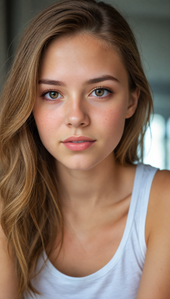 a very detailed and realistic portrait of a (cute teen girl), (long yet straight light brown hair), (realistic detailed brown eyes), (full kissable lips), (realistic detailed, light amber eyes), (face illuminated), (wearing a very low cut (white tank top) made on fine wool), perfect curved fit body