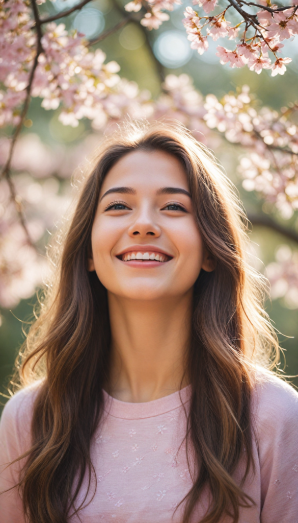 a close up portrait of an exuberant teenage girl with a beaming, sunny smile that radiates warmth, dressed in a stylish, fitted pastel pink crop top that elegantly highlights her graceful curves. The scene is captured in a dreamy, ethereal style reminiscent of Impressionist paintings, with soft bokeh effects in the background. Her long, flowing straight hazelnut hair glistens in the sunlight, creating a halo effect around her face. Surrounding her are delicate cherry blossom petals gently falling in the breeze, adding a touch of whimsy and charm to the flawless portrait.