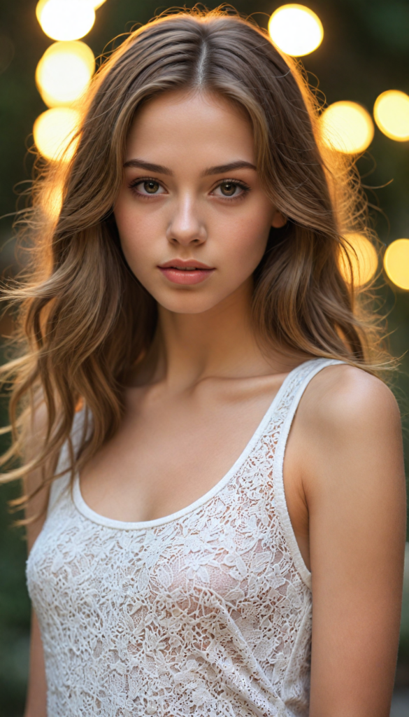 a hyper-realistic and intricately detailed portrait of an enchanting teenage girl, featuring cascading, silky light brown hair that frames her face elegantly. Her captivating brown eyes glisten with warmth, complemented by full, kissable lips that hint at a gentle smile. The light amber tones in her irises radiate brilliance as her face is softly illuminated by a golden sunset glow. She wears a delicate, low-cut white tank top crafted from fine, ethereal wool, perfectly accentuating her graceful curves and fit physique. The background is a dreamy blend of pastel colors, merging with soft bokeh lights to create an enchanting atmosphere.