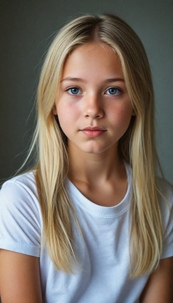 detailed and super realistic photo: a cute young girl with long, soft blond hair, she wears a plain short white t-shirt