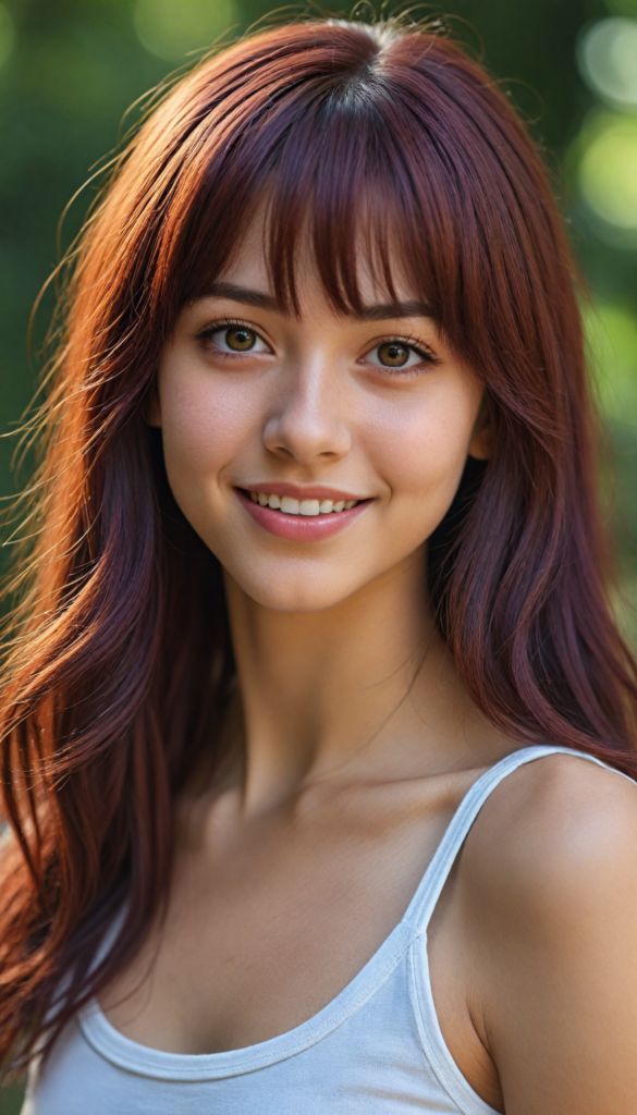 cute teen girl, detailed hair, bangs, white short cropped tank top, perfect curved body, ultra realistic face, realistic amber eyes, detailed maroon straight hair, a stunning photo with beautiful saturation, ultra high resolution, deep shadow, (best quality, masterpiece), highly detailed, depth of field, film grain, looking at viewer, warm smile, (upper body), masterpiece, ultra realistic, extremely detailed CG unity 8k wallpaper, best quality