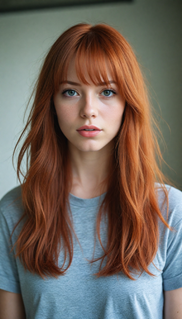 a stunningly detailed (photograph) representing a (girl) with intricate, realistically drawn features like dynamically detailed straight long flowing red hair with bangs framing her face, full lips, eyes looking seductively with mouth slightly open, striking realistic and detailed eyes all against a sophisticated, softly lit (background) where she wears a modern minimalist grey t-shirt