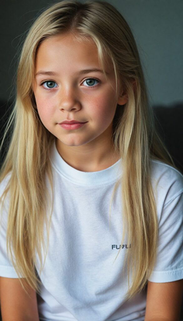 detailed and super realistic photo: a cute young girl with long, soft blond hair, she wears a plain short white t-shirt