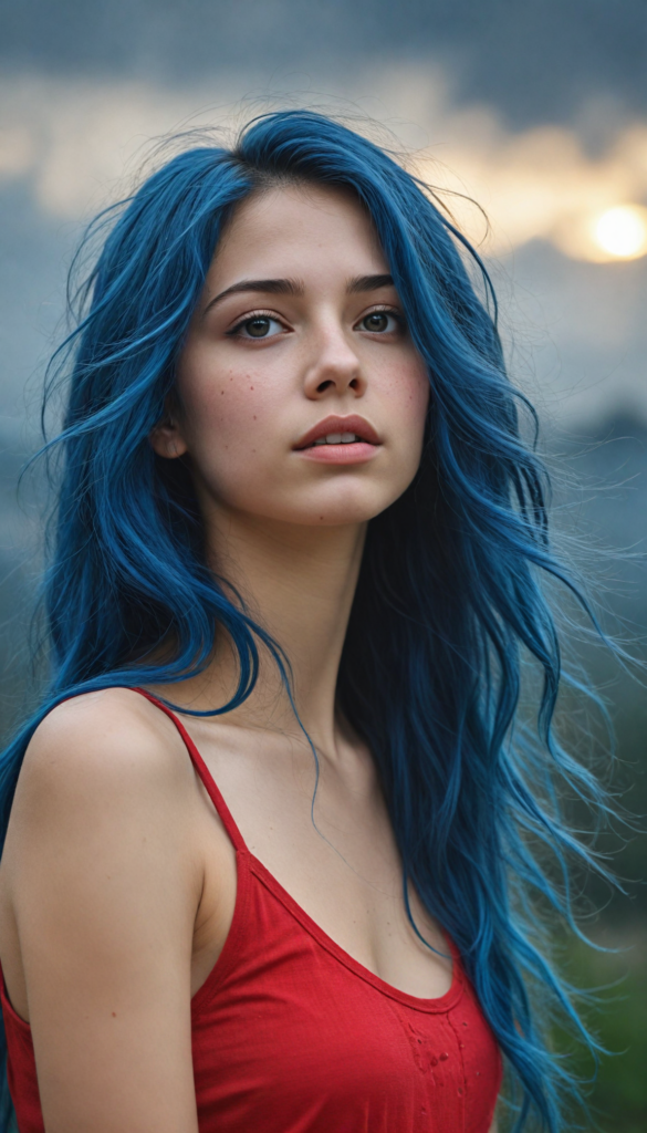 an illustrated teen emo girl with luxuriously long, flowing blue hair cascading like silk, set against a strikingly detailed backdrop of swirling gray clouds and ethereal shadows. Tears glisten on her cheeks, capturing the light like droplets of rain, as her amber eyes, deep and expressive, reveal a haunting sadness that conveys the burden of unspoken stories. The scene is accentuated by delicate hints of vibrant crimson in her attire, dreamlike atmosphere, she wears a red short tank top