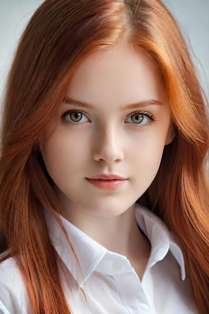 super realistic, detailed portrait, a beautiful young girl with long hair looks sweetly into the camera. She wears a white shirt.