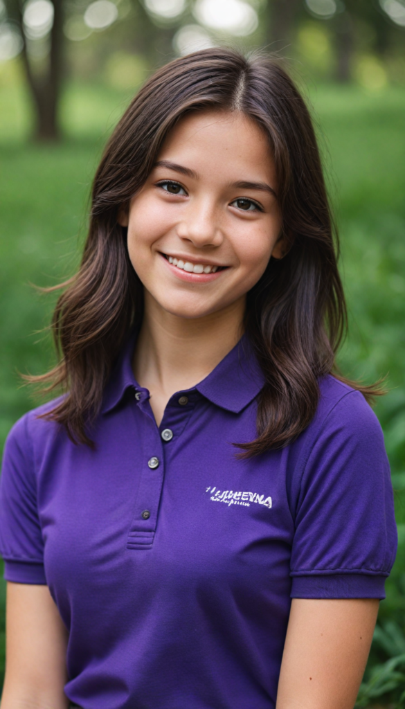 a smiling young girl in short-sleeved dark purple short polo shirt, her high collar is fully buttoned up and the collar is firm around her neck, wearing jeans, straight long jet hair dyed purple