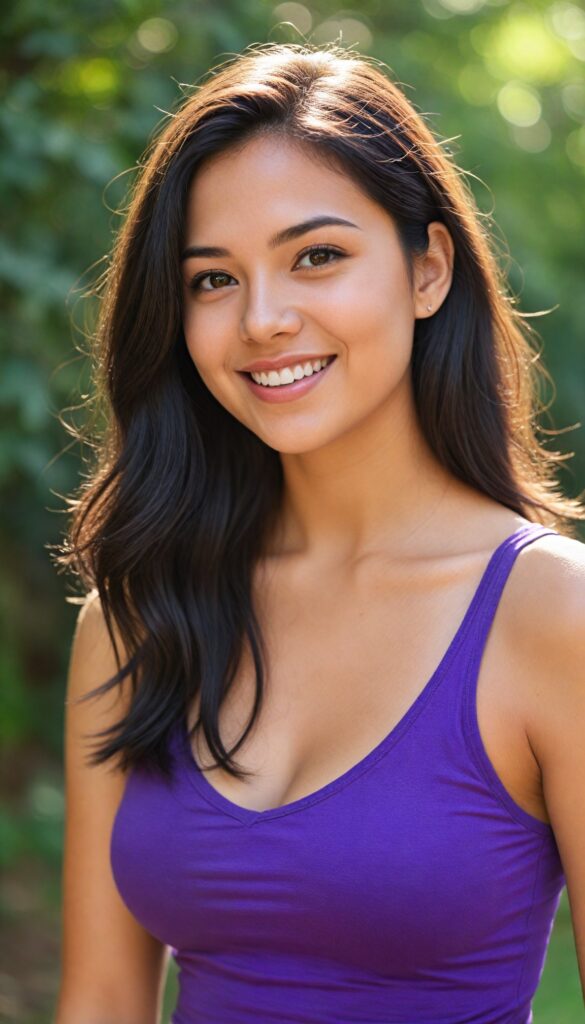 a (realistic and detailed photo), capturing a (cute, attractive, gorgeous, stunning well busty teen girl) with a super short, tight, deep v-neck, plain violet cropped tank top made of fine detailed cotton, (curved body), (very long straight jet soft dark hair), warm smile, sunny backdrop