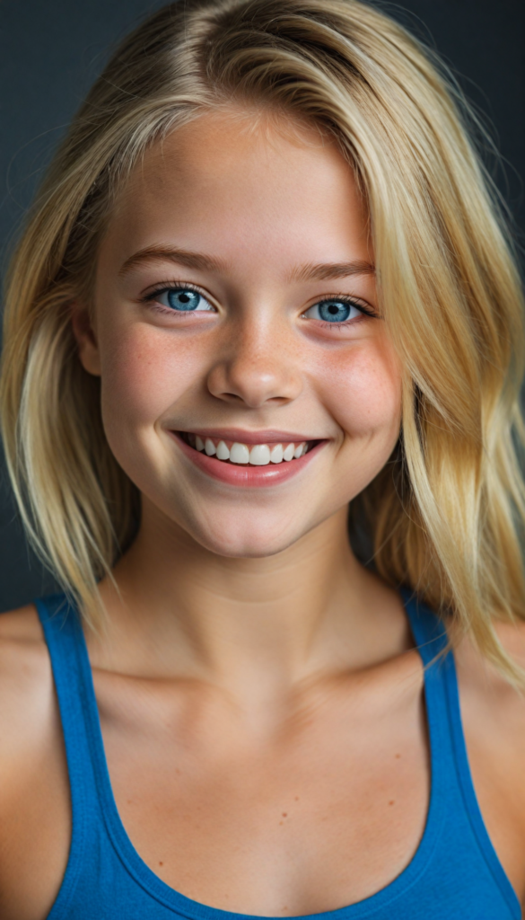 (realistic, detailed) (stunning) portrait, a young girl, perfect curved body, smile, straight gold hair, blue eyes, detailed face, wears a blue short tank top