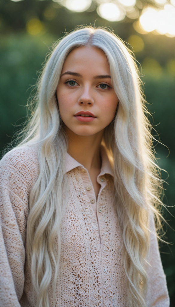 a whimsical young teen girl with cascading long straight white hair, wearing an exquisitely detailed super fine wool sweater adorned with intricate motifs, set against a dreamy pastel landscape; the scene is bathed in soft golden sunlight, evoking a magical, fairy-tale aura, in the style of classic children's book illustrations combined with a touch of contemporary realism.