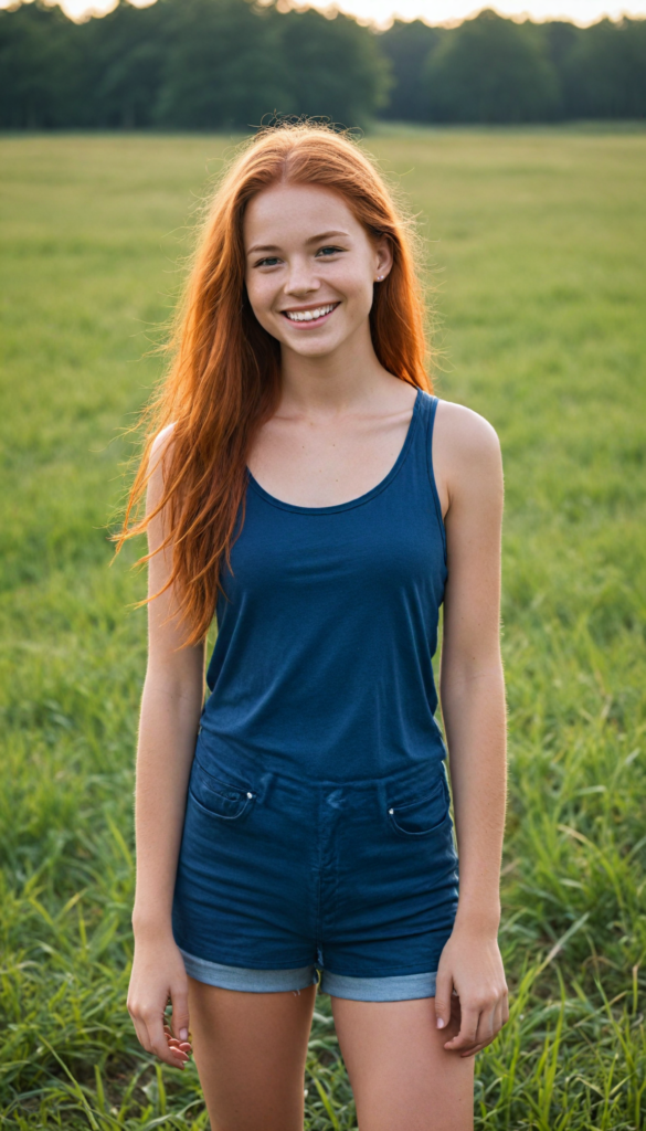 a (cute little red-haired teen girl), straight long hair, smile very happy, stands confidently in a field, she wears a thin tank top, perfect body (perfect portrait)