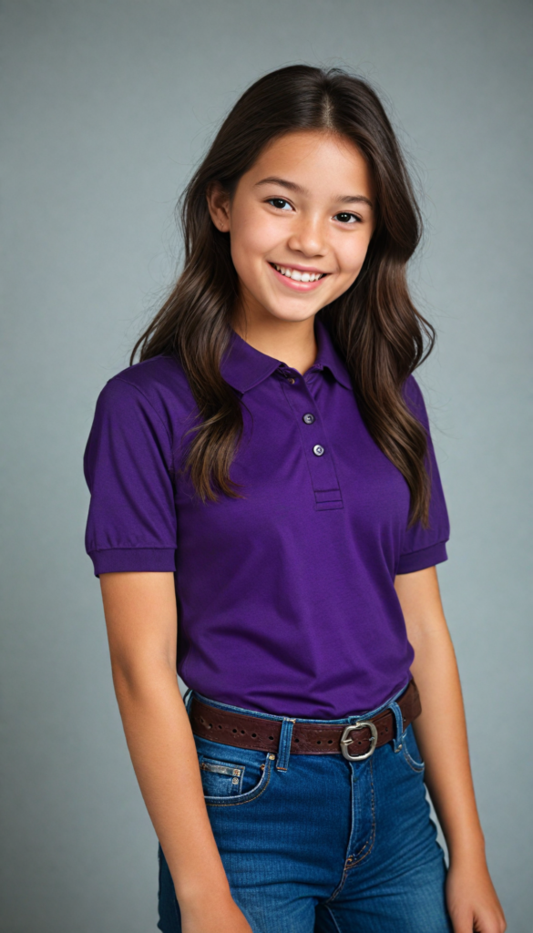 a smiling young girl in short-sleeved dark purple short polo shirt, her high collar is fully buttoned up and the collar is firm around her neck, wearing jeans, straight long jet hair dyed purple