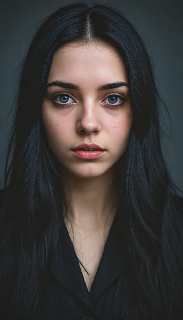 a (breathtakingly realistic portrait), (dark fantasy concept) featuring a beautifully drawn close-up of a young gothic teen girl with exquisite facial features and striking black eyes, long straight fine black hair, dressed in a (black coat), (grey background)