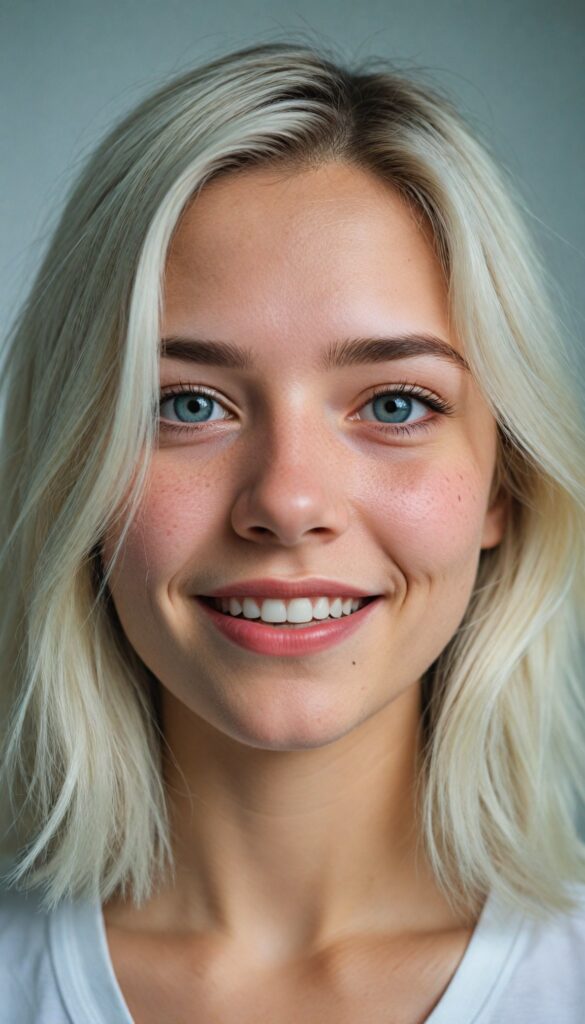 a breathtakingly detailed and hyper realistic (professional photograph), portraying an intensely sorrowful expression on the face of a young teen girl with straight, silky jet white soft hair cascading down her shoulders, round face, full lips, smile, white teeth despite its perfect length and texture suggesting advanced age, paired with a minimalist (white short sleeve t-shirt)