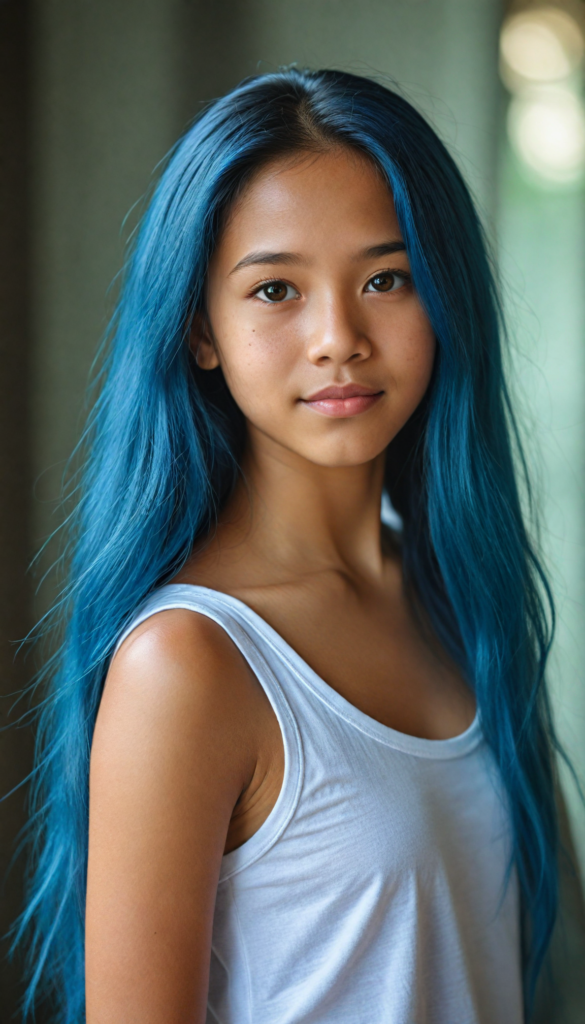 super realistic, detailed portrait, a beautiful young Filipino girl with long blue hair looks sweetly into the camera. She wears a white tank top.